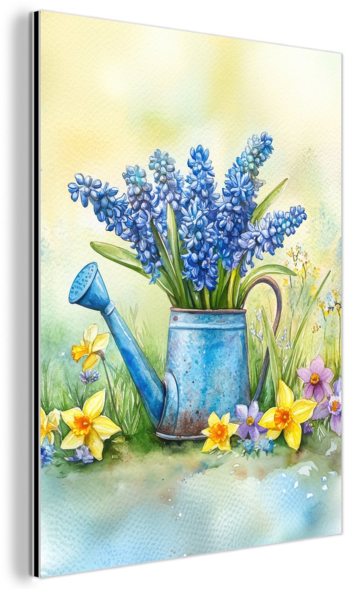 Aluminium schilderij 90x120 cm - Wanddecoratie metaal - Gieter - Lavendel - Bloesems - Met