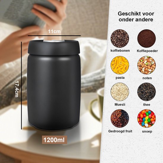 Boîte de conservation Café vide brevetée de Premium - Bocal hermétique de 1 200 ml avec pompe à vide manuelle - Préserve la fraîcheur des Grains de café et du Café moulu - Design moderne et élégant