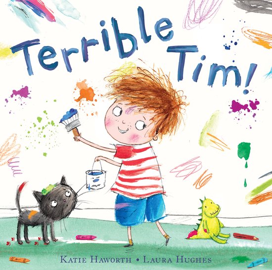Titel van kinderboek 'Vreselijke Tim!' met een jongen met een verfkwast en emmer, een zwarte kat en een groene draak op een muur vol verfspatten.