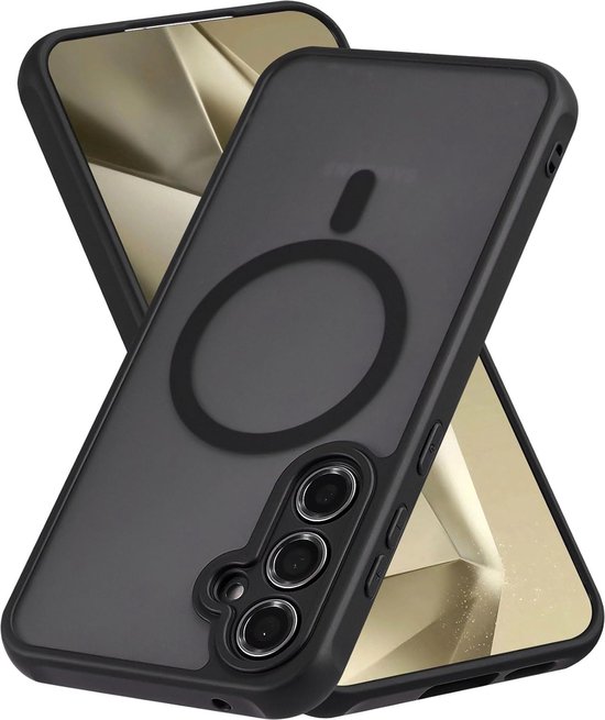 Zwarte, doorzichtige telefoonhoes met MagSafe cirkel, gedraaid op een reflecterende achtergrond.
