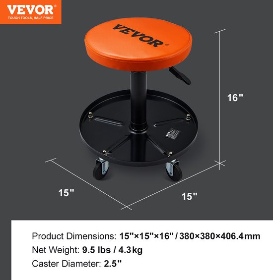Oranje Vevor kruk met hoogte 16" en breedte 15" en 15", op wieltjes met gereedschapslade.