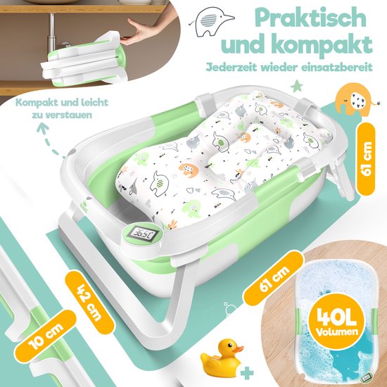 KIDIZ® Babybadje Opvouwbaar met Thermometer - Peuterbadje Ergonomisch, Rutschvrij, Met Zacht Badkussen en Afvoer - Babybad / Baby Bad Set Voor Baby's van 0-12 Maanden - Babybadset - Groen van Merkloos — afbeelding 3