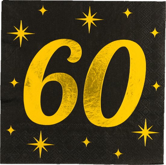 Paperdreams Verjaardag feest servetten - leeftijd 60 jaar - 16x stuks - zwart/goud - sterren - 33 x 33 cm