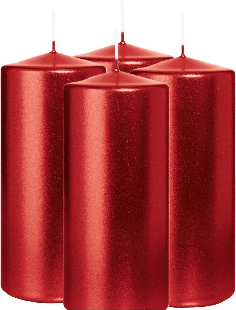 Wiedemann Cilinderkaars/stompkaars - 4x - metallic rood - 15 x 7 cm - 63 branduren - zuilkaarsen Donkerrood