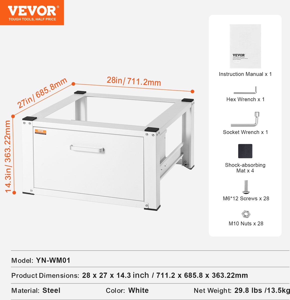 VEVOR Droogrek 28" x 25" x 14" Wasmachine Droger Stand Platform Universele Pasvorm 500lb Capaciteit Heavy Duty Wasmachinebasis thumbnail 8