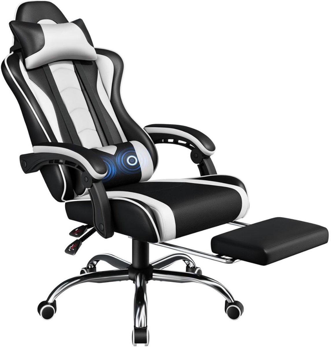 Zylo® Gaming Stoel Met Voetsteun - Gaming Chair - Bureaustoel - met Massagefunctie - 68x55x93cm - Wit