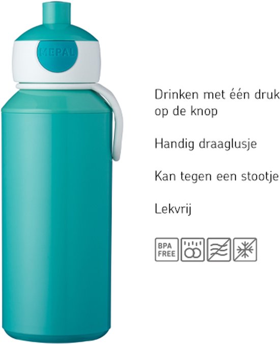 Bouteille Mepal turquoise avec bouchon blanc. Caractéristiques : boire en appuyant sur un bouton, dragonne pratique, résistant aux chocs, anti-fuite. Sans BPA.
