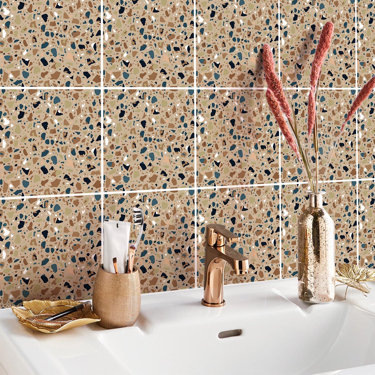 Ambiance Sticker Muurstickers - Zelfklevende tegelmuurstickers voor keuken en badkamer - 9 MIMO Terrazzo tegelstickers - 9 stickers 15x15cm Multi color