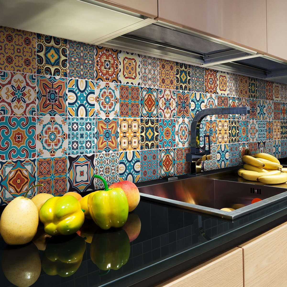Ambiance Sticker Zelfklevende tegelmuurstickers voor keuken en badkamer - 9 cementtegelstickers, Azulejos Breno - 9 stickers, 10x10cm Multi color