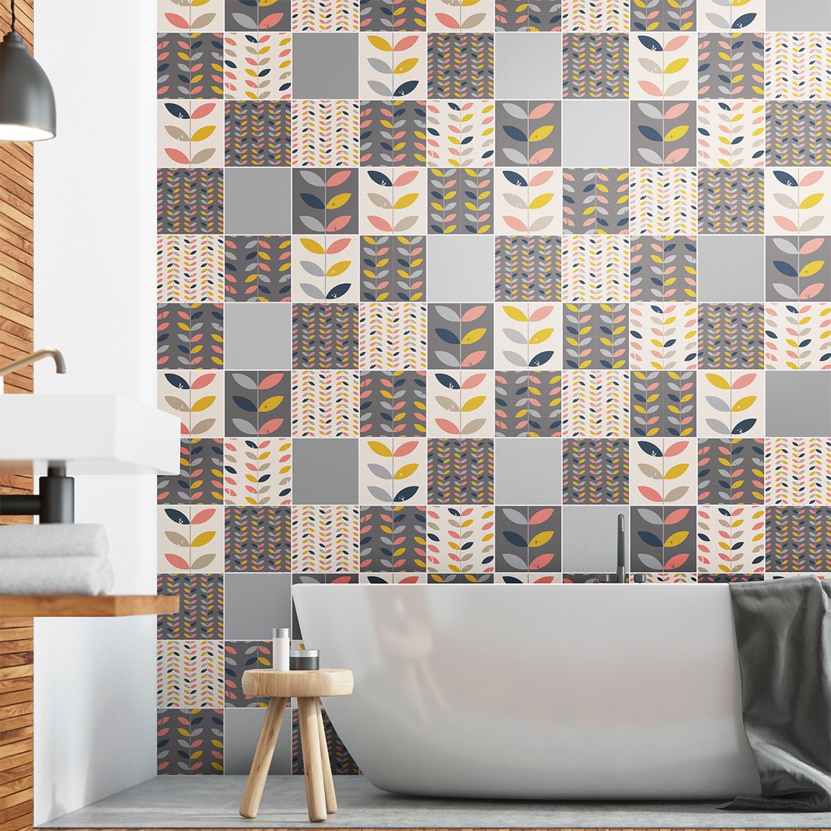 Ambiance Sticker Zelfklevende tegelwandstickers voor keuken en badkamer - 60 Scandinavische PEKKA cementtegelstickers - 60 stickers, 20x20cm Multi color