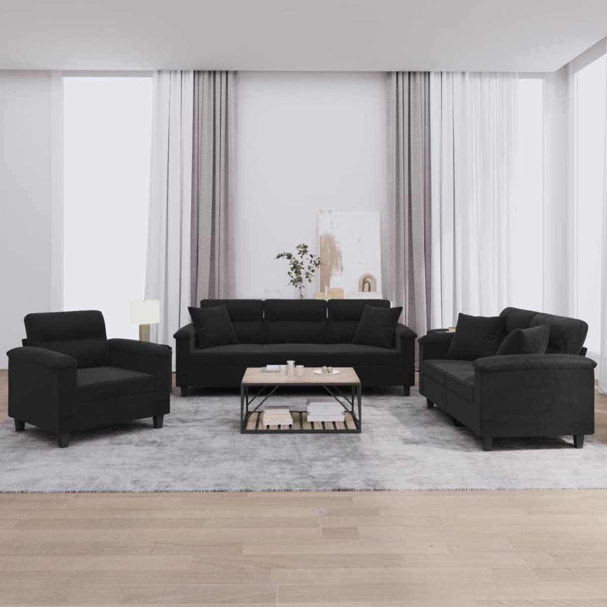 vidaXL - 3-delige - loungeset - met - kussens - stof - zwart