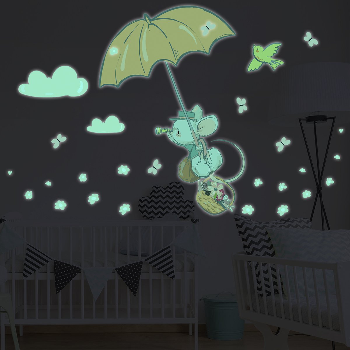 Lichtgevende sticker - Muis met paraplu - Fluorescerende muur-/plafondsticker voor kindere