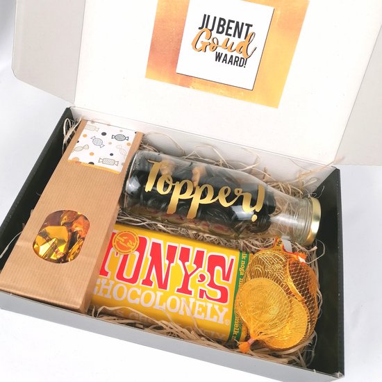 Jij bent goud waard - cadeau pakket - chocolademunten - zakje goud toffee's - Tony chocolonely - cadeau fles Topper - dag van de zorg - bedankje - bedankt cadeautje - afscheid collega - einde schooljaar - waardering cadeau