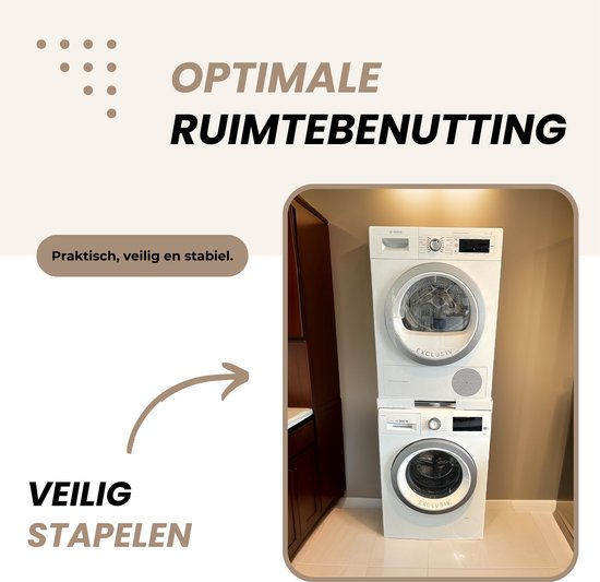 Gestapelde Bosch wasmachine en droger met tekst over optimale ruimtebenutting.