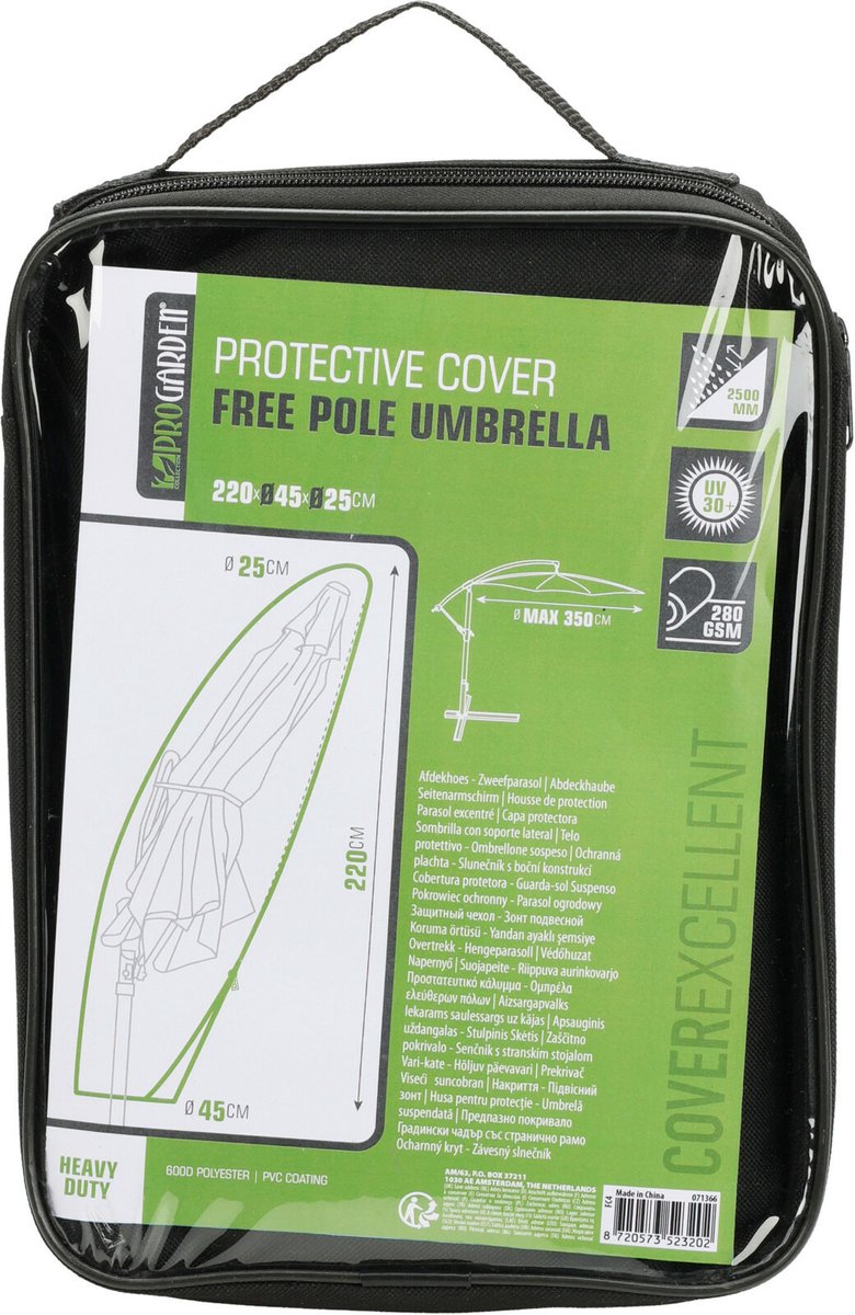 Pro Garden Parasolhoes - zwart - polyester - 220 x 25 x 45 cm - waterdicht - parasolhoes met rits