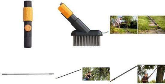 Een collage met de Fiskars QuikFit steel en verschillende opzetstukken, zoals een borstel en hark. Ook toepassingen in de tuin.