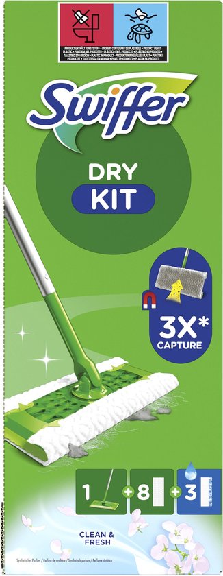 Emballage Swiffer Dry Kit avec balai Swiffer, 8 lingettes sèches et 3 lingettes humides. Texte : Dry Kit, Clean & Fresh.