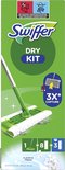 Emballage Swiffer Dry Kit avec balai Swiffer, 8 lingettes sèches et 3 lingettes humides. Texte : Dry Kit, Clean & Fresh.