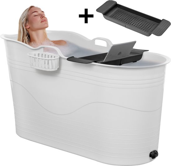 LIFEBATH - Zitbad Mira - Bath Bucket XL - Met badrek en kraan - Icebucket 230L - Wim Hof Methode - Ijsbad - Ice Bath - Ligbad 122 cm - Snow White
