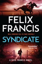 Livre "Syndicate" de Felix Francis. Un jockey sur un cheval et un homme courant loin d'une barrière.