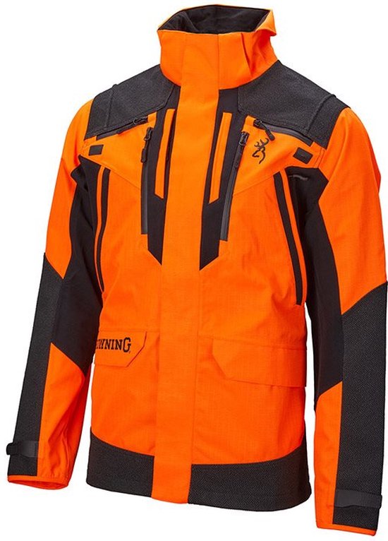 Veste orange avec panneaux noirs, capuche, fermetures éclair et logo Browning sur la poitrine. Texte 'BROWNING' sur la poitrine.