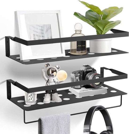 Shario Witte zwevende planken - set van 2, wandgemonteerde hangende planken met gouden handdoekenrek, decoratieve opbergplanken voor badkamer, keuken, woonkamer en slaapkamer (wit