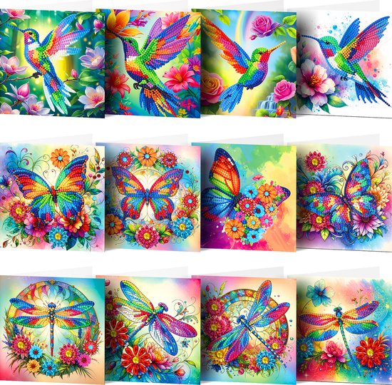 Adorzy Diamond Painting Kaarten – 12 Wenskaarten met envelop - Diamond Painting Volwassenen – Diamond Painting Volledig Pakket