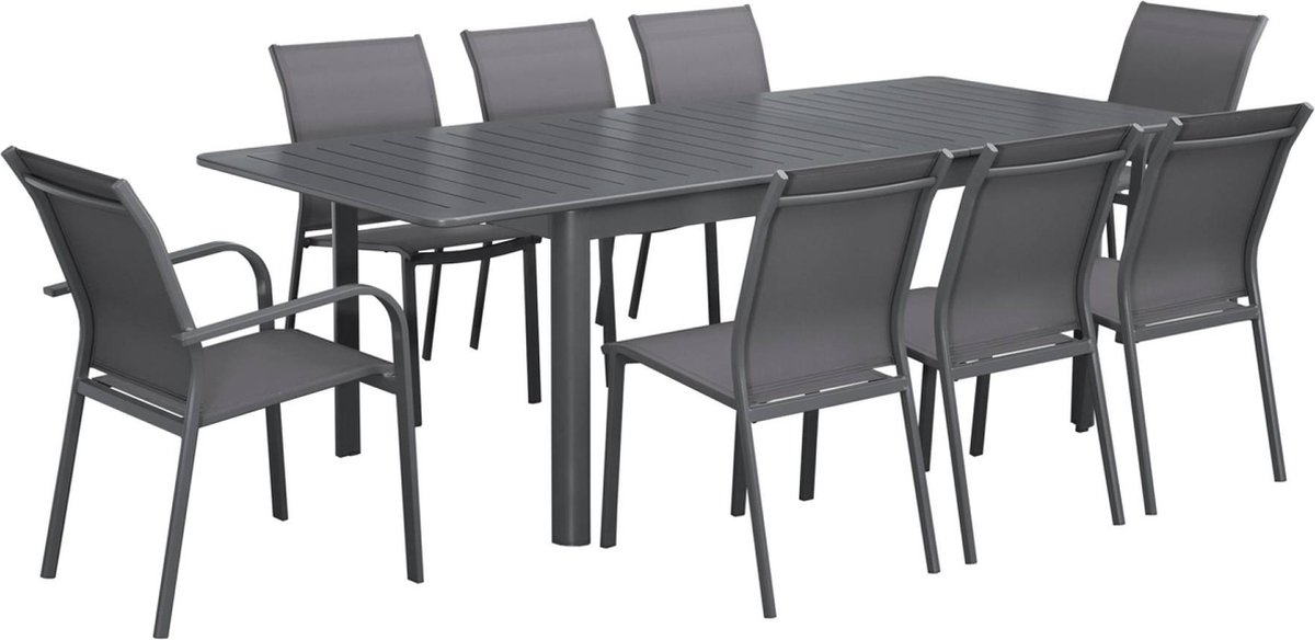 sweeek - Uitschuifbare tuintafel van aluminium en textileen, 8 stoelen, waarvan 2 met armleuning, 236,5 x 100 x 75 cm