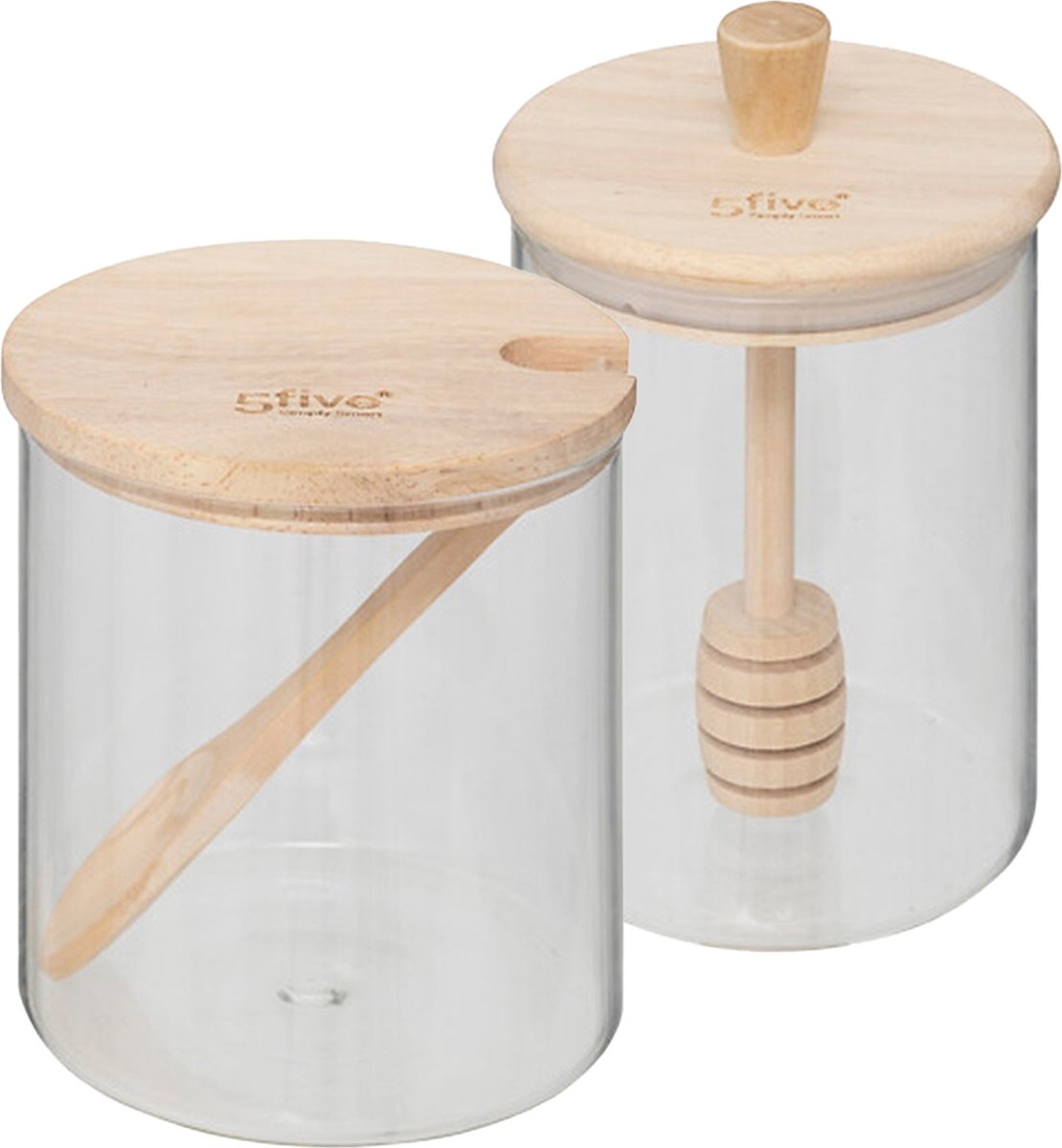 Five suiker- en honingpot set - 400 ml - glas/bamboe - transparant - inclusief lepel