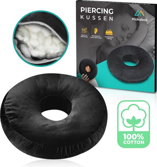 Pickaboo Piercing Kussen - Orthopedisch piercing hoofdkussen - Donut kussen met gat - Verstelbare Vulling - 29x29 cm - Ringkussen - Ringkussen voor Oor - Inclusief Gratis Slaapmasker & E-book