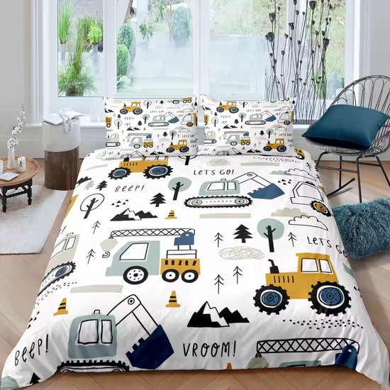 Eenpersoons Dekbedovertrek 140 x 200 - Voertuigen - Vrachtwagen - Graafmachine - Tractor - Bulldozer - Peuter - Kleuter - Kind - Mooie Kwaliteit - Jongen