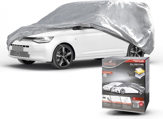 Witte auto met zilverkleurige hoes en verpakking.