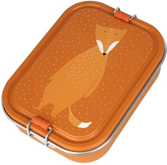 Oranje broodtrommel met Mr. Fox print, witte stipjes en oranje sluitclips.