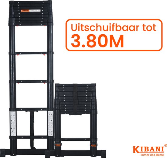 Kibani telescoopladder 3,80 meter - Zwart - Softclose - Stabiliteitsbalk - 150kg draaggewicht - EN131-6 goedgekeurd