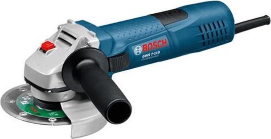 Blauwe en zilverkleurige haakse slijper van Bosch Professional, met GWS 7-115 op de zijkant.