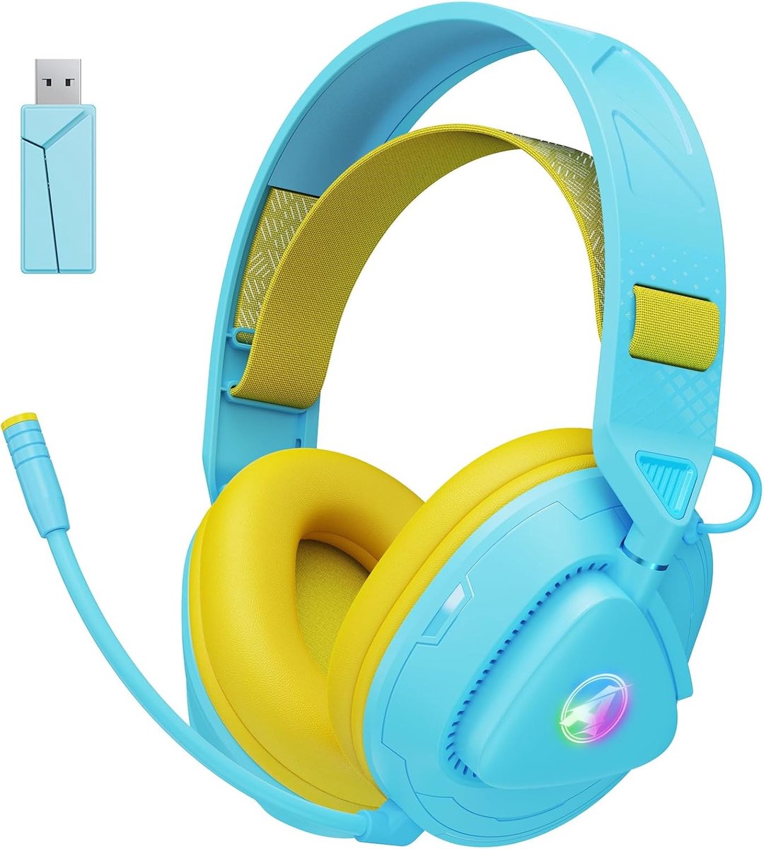 StayPowered Gaming Headset- Draadloos Genot met 50 mm Drivers - Ultra Lage Latenie - RGB-verlichting - Afneembare Microfoon - Ruisonderdrukking - 50 Uur Accuduur - Brede Compatibiliteit - Bluetooth 5.4 - Blauw/Geel - Levering Sneller dan Aangegeven!