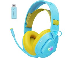 StayPowered Gaming Headset- Draadloos Genot met 50 mm Drivers - Ultra Lage Latenie - RGB-verlichting - Afneembare Microfoon - Ruisonderdrukking - 50 Uur Accuduur - Brede Compatibiliteit - Bluetooth 5.4 - Blauw/Geel - Levering Sneller dan Aangegeven!