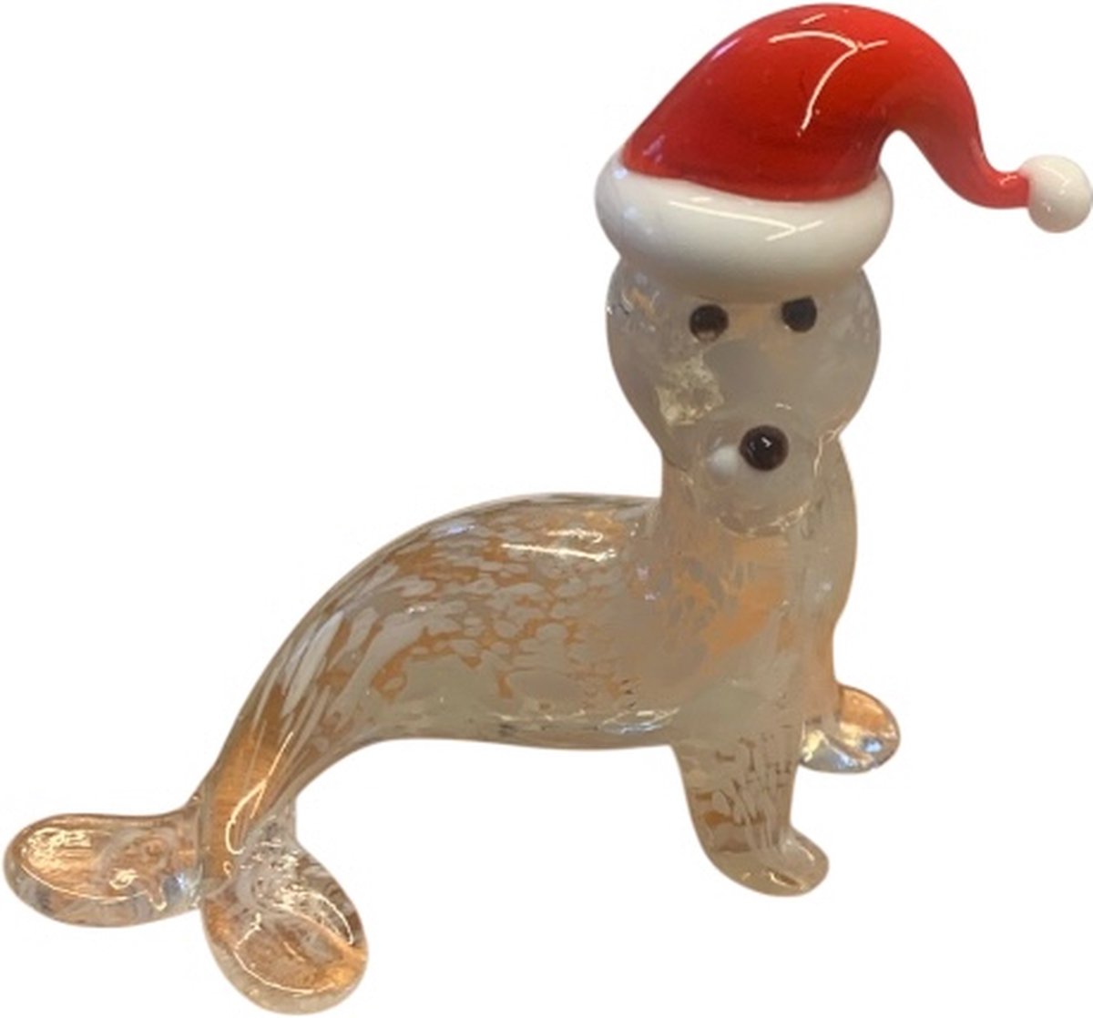 Glazen zeehond - Handgeblazen met rode kerstmuts - 7 cm - Wit rood