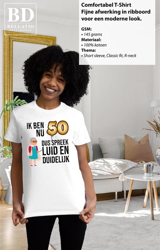 T-shirt cadeau Bellatio Decorations pour femme - 50 ans - blanc - fort et clair - Sarah - fête d'anniversaire XL