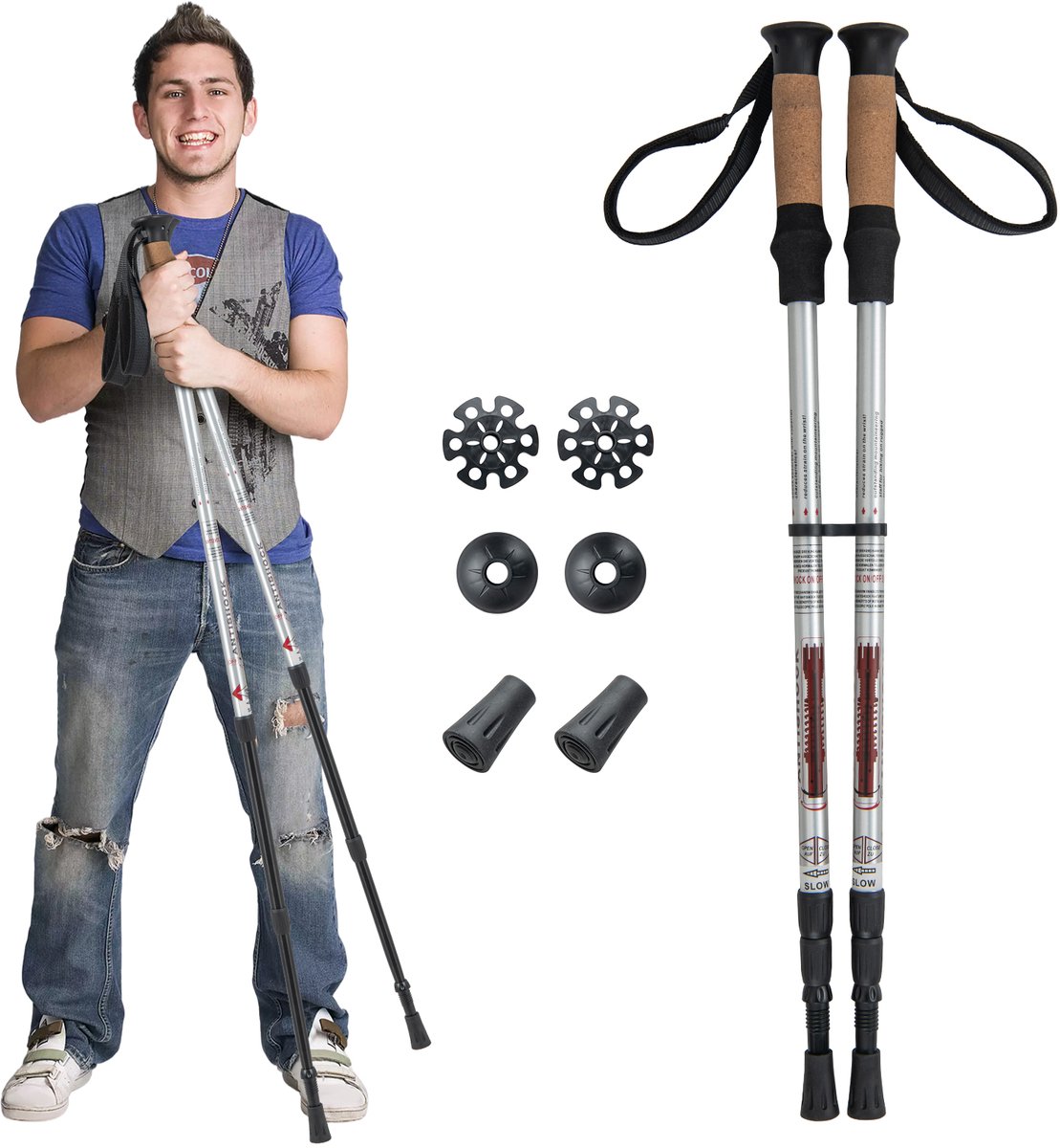 COSTWAY Wandelstok, aluminium trekkingstok, verstelbaar 65-135 cm, draagbare lichtgewicht anti-skid telescopische stok, wandelen bergbeklimmen stick voor mannen vrouwen oudere (Zilver)
