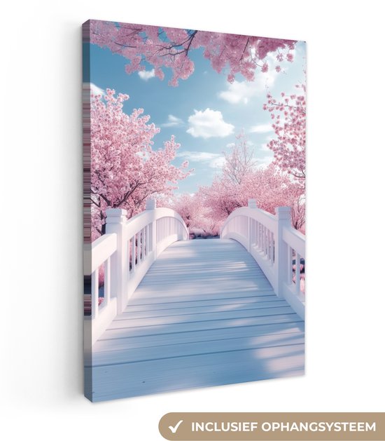 Canvas schilderij 60x90 cm - Exclusieve wanddecoratie Brug - Kersenbomen - Wit - Muurdecoratie woonkamer - Slaapkamer decoratie - Kamer accessoires - Schilderijen op canvas