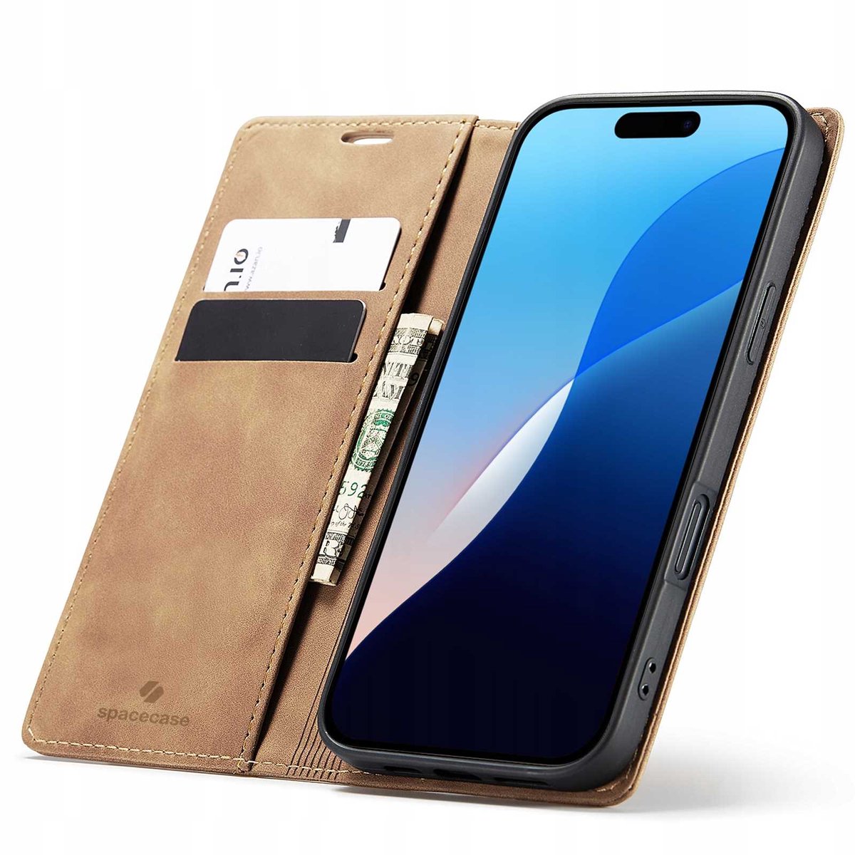 Spacecase Wallet Case Voor Iphone 16 Pro Lederen Hoes Bruin