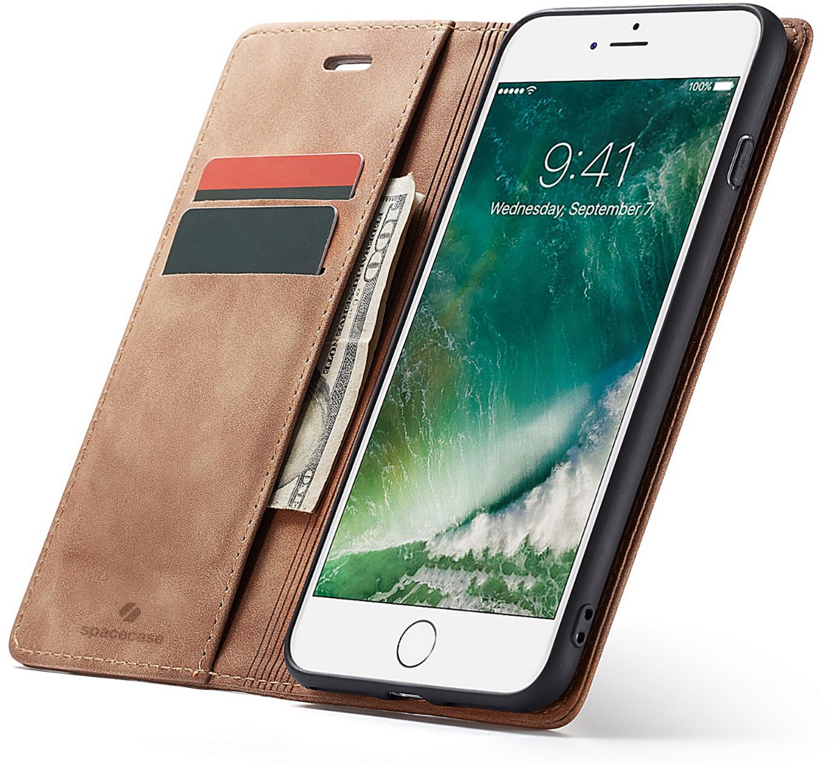 Spacecase Case Portefeuille Cover Voor Iphone 7 8 Plus Bruine Kleur