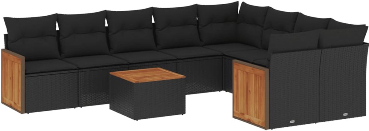 The Living Store 10-delige Loungeset met kussens poly rattan zwart - Loungeset - Lounge Set - Buitendecoratie - Tuinmeubels - Outdoor Furniture