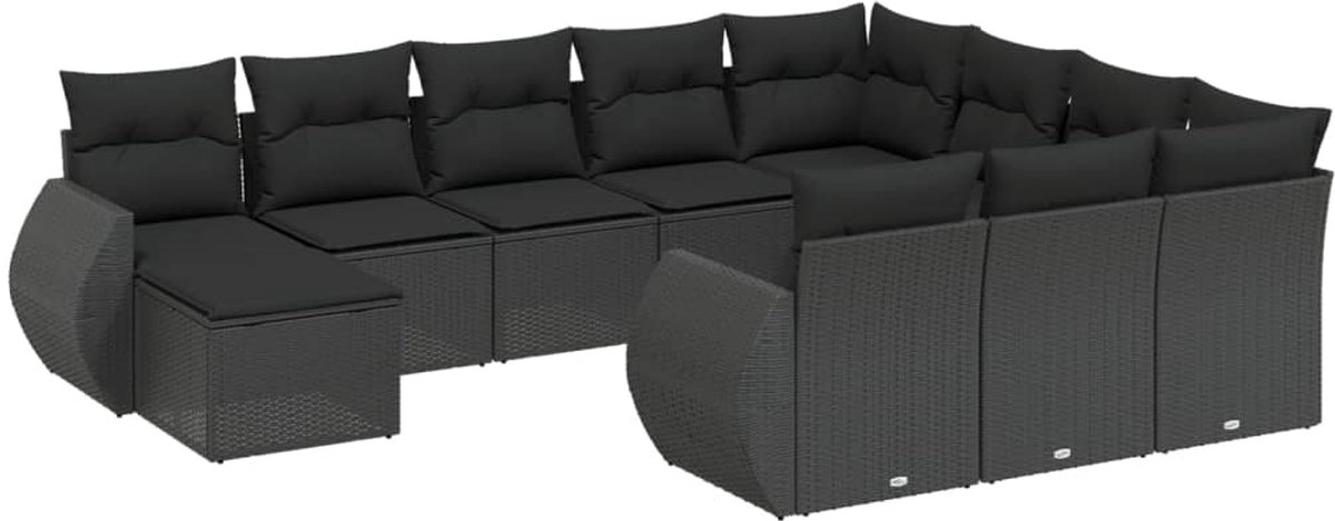 The Living Store 11-delige Loungeset met kussens poly rattan zwart - Loungebank - Lounge Set - Tuinbank - Buitendecoratie - Outdoor Furniture