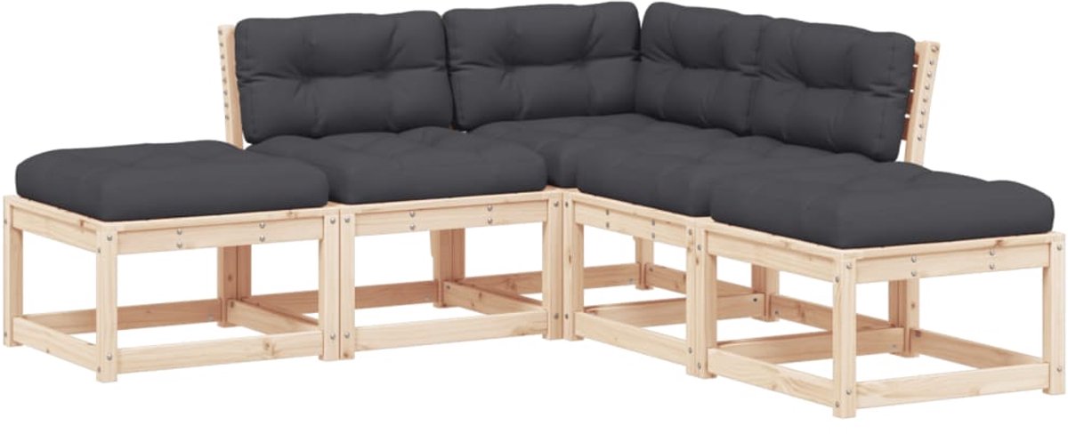 Massief grenenhouten loungeset met kussens in tuinsetting - The Living Store.