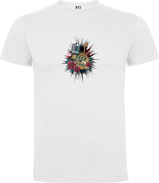 Wit T-Shirt met Kleurrijke print “ Rock n'Roll Roses Gitaar en Retro Microfoon – Muziek – Good Vibes “ Print Full Color Maat 5XL