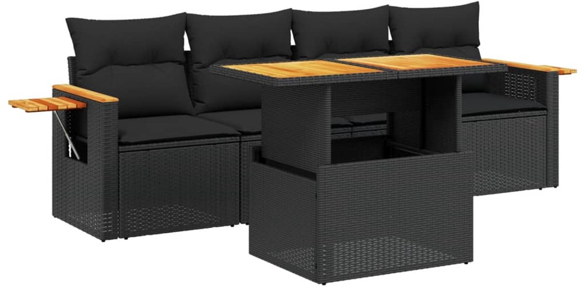 Zwarte poly rattan loungeset met kussens voor buiten - The Living Store.