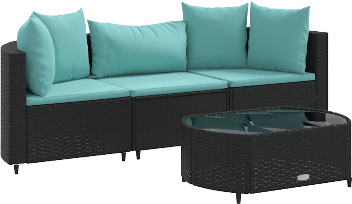 The Living Store 4-delige Loungeset met kussens poly rattan zwart - Loungeset - Tuinmeubels - Lounge Set - Buitendining - Tuinlounge