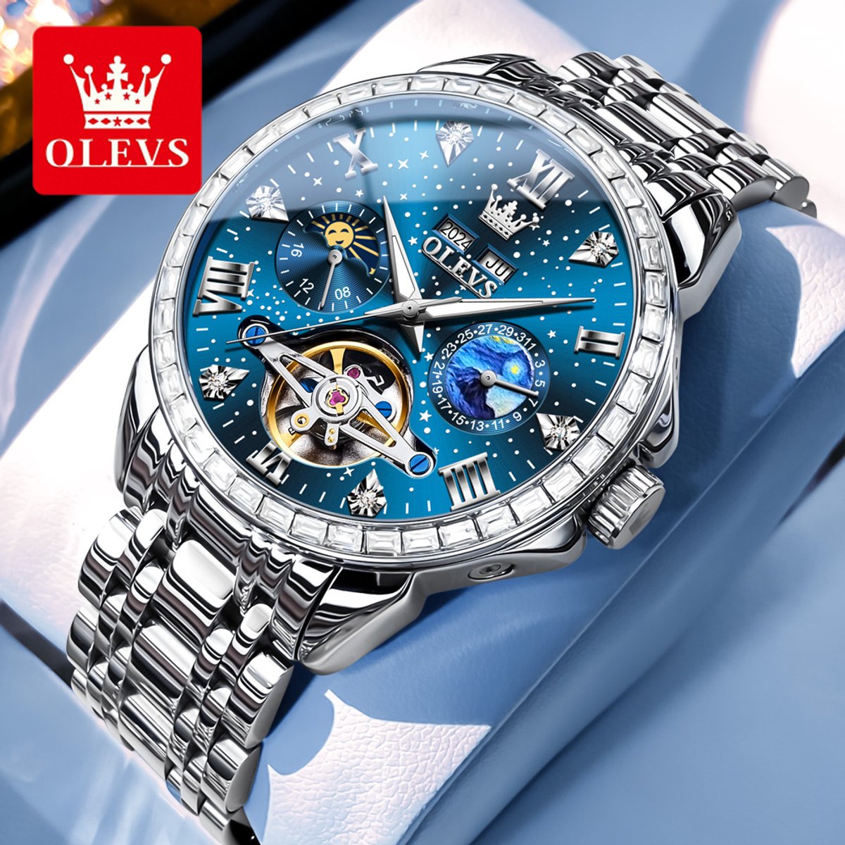 HO-6712.z-bl : OLEVS mechanische edelstaal horloge, blauwe sterren wijzerplaat, maand-dag, seconden, jaar, maand, 24u maanfase - aanduiding